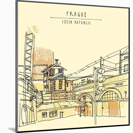 Vector Hand Drawn Artistic Illustration of Old Industrial Buildings near Bus Station in Prague, Cze-babayuka-Mounted Art Print