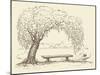 Vector Illustration. Landscape Sketch of the Village Form of the Old Wooden Bench under a Willow Tr-ArtMari-Mounted Art Print