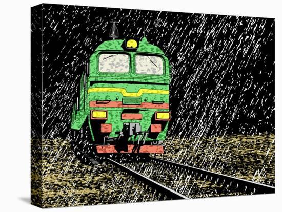 Vector Illustration of a Russian Train in Rain at Night-Robert Adrian Hillman-Stretched Canvas