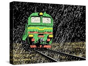 Vector Illustration of a Russian Train in Rain at Night-Robert Adrian Hillman-Stretched Canvas