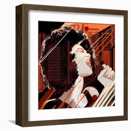 Vector Illustration of an Afro American Jazz Singer on Grunge Background-isaxar-Framed Art Print