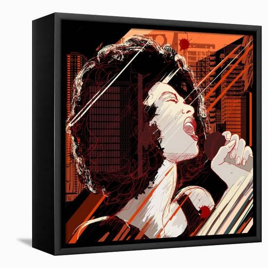 Vector Illustration of an Afro American Jazz Singer on Grunge Background-isaxar-Framed Stretched Canvas