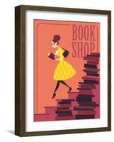 Vector illustration of bookstore, books shop, library. Retro poster design. Girl reading a book.-Porcelain White-Framed Art Print