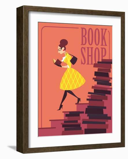 Vector illustration of bookstore, books shop, library. Retro poster design. Girl reading a book.-Porcelain White-Framed Art Print