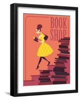 Vector illustration of bookstore, books shop, library. Retro poster design. Girl reading a book.-Porcelain White-Framed Art Print