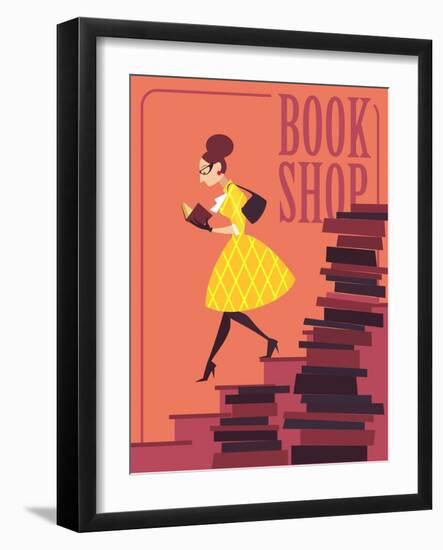 Vector illustration of bookstore, books shop, library. Retro poster design. Girl reading a book.-Porcelain White-Framed Art Print