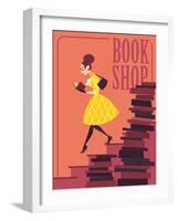 Vector illustration of bookstore, books shop, library. Retro poster design. Girl reading a book.-Porcelain White-Framed Art Print