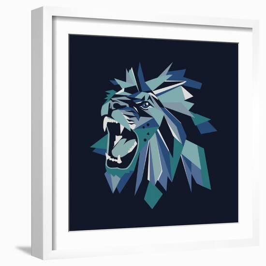 Vector Illustration of Geometric Lion Head on Dark Background.-bbgreg-Framed Art Print