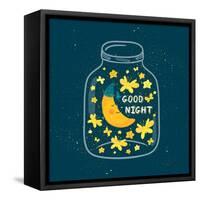 Vector Illustration of Jar with Sleepi?G Smiling Moon in the Nightcap, Butterflies, Stars. Cute Chi-Beskova Ekaterina-Framed Stretched Canvas