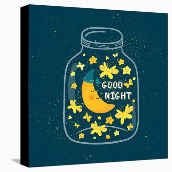 Vector Illustration of Jar with Sleepi?G Smiling Moon in the Nightcap, Butterflies, Stars. Cute Chi-Beskova Ekaterina-Stretched Canvas