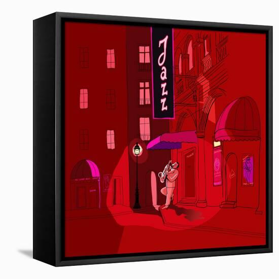Vector Illustration of Saxophone Player in a Street at Night-isaxar-Framed Stretched Canvas