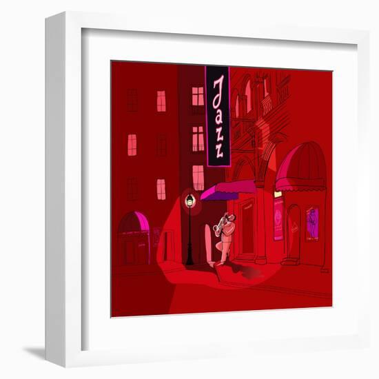 Vector Illustration of Saxophone Player in a Street at Night-isaxar-Framed Art Print