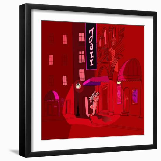 Vector Illustration of Saxophone Player in a Street at Night-isaxar-Framed Art Print