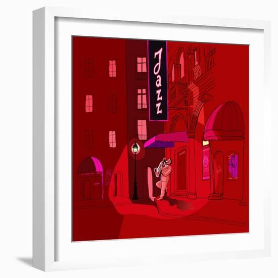 Vector Illustration of Saxophone Player in a Street at Night-isaxar-Framed Art Print