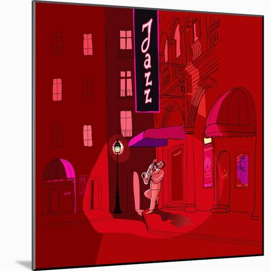 Vector Illustration of Saxophone Player in a Street at Night-isaxar-Mounted Art Print