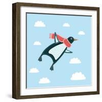Vector Illustration of the Flying Penguin Wering in the Red Scarf in the Sky-cosmaa-Framed Art Print