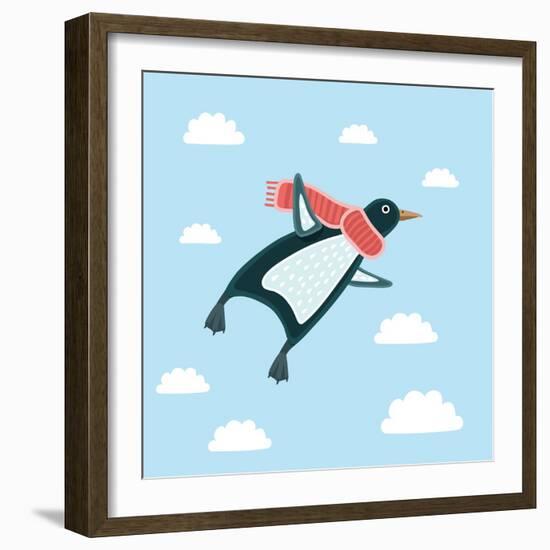Vector Illustration of the Flying Penguin Wering in the Red Scarf in the Sky-cosmaa-Framed Art Print