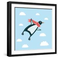 Vector Illustration of the Flying Penguin Wering in the Red Scarf in the Sky-cosmaa-Framed Art Print