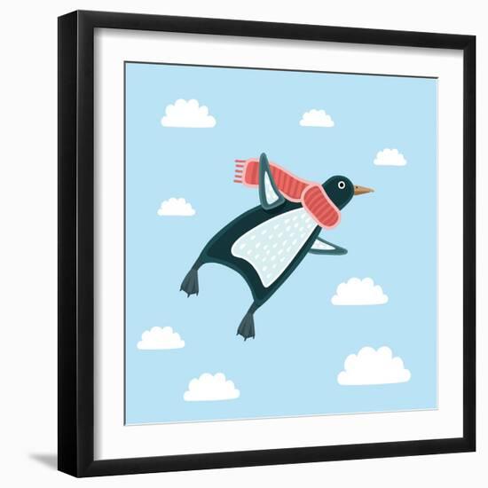 Vector Illustration of the Flying Penguin Wering in the Red Scarf in the Sky-cosmaa-Framed Art Print