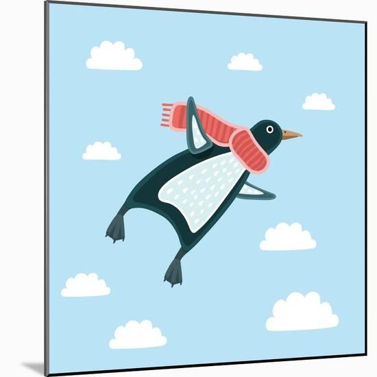 Vector Illustration of the Flying Penguin Wering in the Red Scarf in the Sky-cosmaa-Mounted Art Print