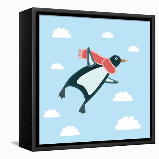 Vector Illustration of the Flying Penguin Wering in the Red Scarf in the Sky-cosmaa-Framed Stretched Canvas