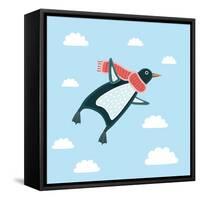 Vector Illustration of the Flying Penguin Wering in the Red Scarf in the Sky-cosmaa-Framed Stretched Canvas