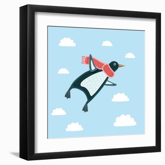 Vector Illustration of the Flying Penguin Wering in the Red Scarf in the Sky-cosmaa-Framed Art Print