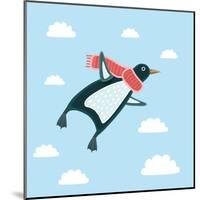 Vector Illustration of the Flying Penguin Wering in the Red Scarf in the Sky-cosmaa-Mounted Art Print