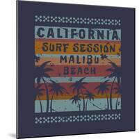 Vector Illustration on the Theme of Surf and Surfing in California, Malibu Beach. Grunge Background-Serge Geras-Mounted Art Print