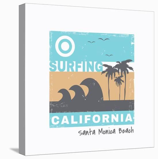 Vector Illustration on the Theme of Surf and Surfing in California, Santa Monica Beach. Grunge Back-Serge Geras-Stretched Canvas