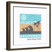 Vector Illustration on the Theme of Surf and Surfing in California, Santa Monica Beach. Grunge Back-Serge Geras-Framed Art Print