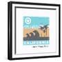 Vector Illustration on the Theme of Surf and Surfing in California, Santa Monica Beach. Grunge Back-Serge Geras-Framed Art Print