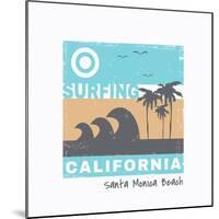 Vector Illustration on the Theme of Surf and Surfing in California, Santa Monica Beach. Grunge Back-Serge Geras-Mounted Art Print