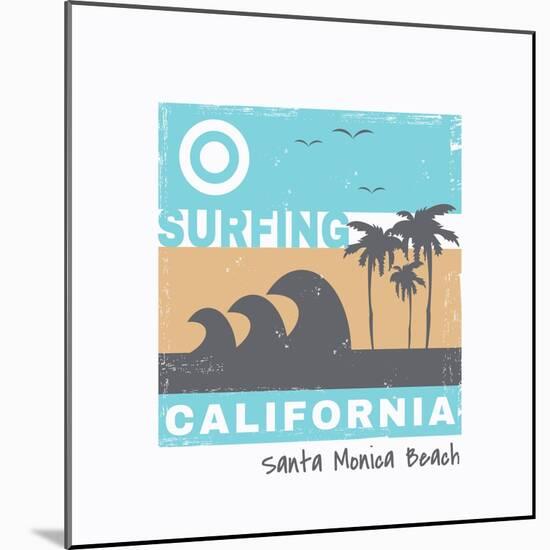 Vector Illustration on the Theme of Surf and Surfing in California, Santa Monica Beach. Grunge Back-Serge Geras-Mounted Art Print