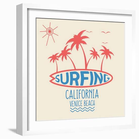 Vector Illustration on the Theme of Surf and Surfing in Venice Beach, California. Typography, T-Shi-Serge Geras-Framed Art Print