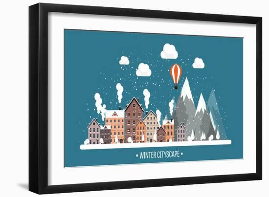 Vector Illustration. Winter Urban Landscape. City with Snow. Christmas and New Year. Cityscape. Bui-32 pixels-Framed Art Print