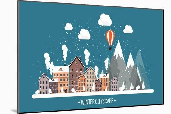 Vector Illustration. Winter Urban Landscape. City with Snow. Christmas and New Year. Cityscape. Bui-32 pixels-Mounted Art Print