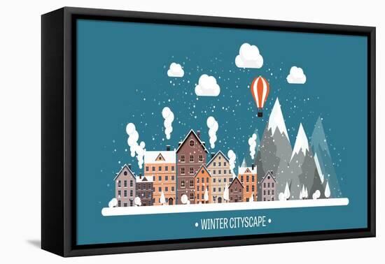 Vector Illustration. Winter Urban Landscape. City with Snow. Christmas and New Year. Cityscape. Bui-32 pixels-Framed Stretched Canvas