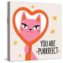 Vector Illustration with Pink Cat Looking in Red Heart Shaped Mirror. You are Purrrfect Lettering P-julymilks-Stretched Canvas