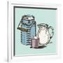 Vector Image of a Milk Canister, a Jug for Milk and a Cup. Depiction in the Style of Engraving.-tutsi-Framed Art Print