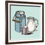 Vector Image of a Milk Canister, a Jug for Milk and a Cup. Depiction in the Style of Engraving.-tutsi-Framed Art Print