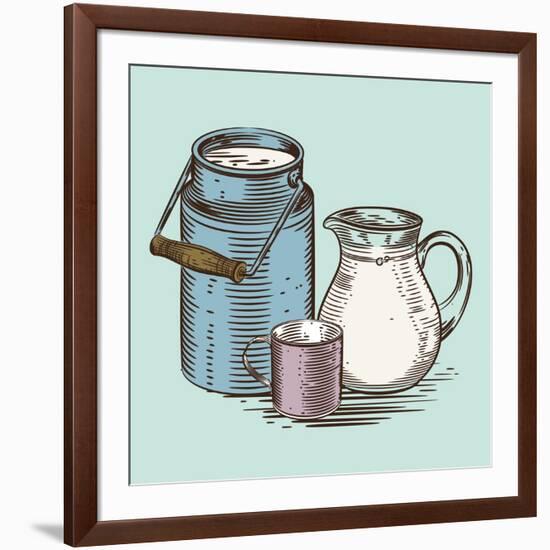 Vector Image of a Milk Canister, a Jug for Milk and a Cup. Depiction in the Style of Engraving.-tutsi-Framed Art Print