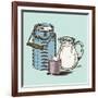 Vector Image of a Milk Canister, a Jug for Milk and a Cup. Depiction in the Style of Engraving.-tutsi-Framed Art Print