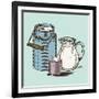 Vector Image of a Milk Canister, a Jug for Milk and a Cup. Depiction in the Style of Engraving.-tutsi-Framed Art Print