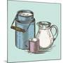 Vector Image of a Milk Canister, a Jug for Milk and a Cup. Depiction in the Style of Engraving.-tutsi-Mounted Art Print