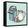 Vector Image of a Milk Canister, a Jug for Milk and a Cup. Depiction in the Style of Engraving.-tutsi-Framed Stretched Canvas