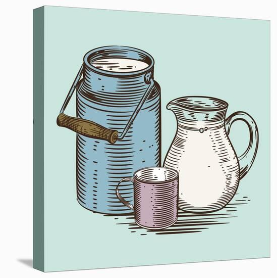 Vector Image of a Milk Canister, a Jug for Milk and a Cup. Depiction in the Style of Engraving.-tutsi-Stretched Canvas