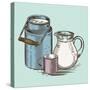 Vector Image of a Milk Canister, a Jug for Milk and a Cup. Depiction in the Style of Engraving.-tutsi-Stretched Canvas