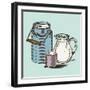 Vector Image of a Milk Canister, a Jug for Milk and a Cup. Depiction in the Style of Engraving.-tutsi-Framed Art Print