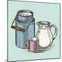 Vector Image of a Milk Canister, a Jug for Milk and a Cup. Depiction in the Style of Engraving.-tutsi-Mounted Art Print